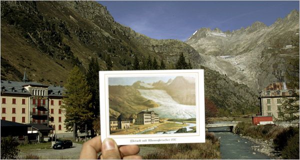 Rhone gletcheren på et postkort fra 1870 sammelignet med virkeligheden i 2006