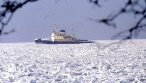 Icebreaker in Store Bælt of Denmark in the winter 1981-82