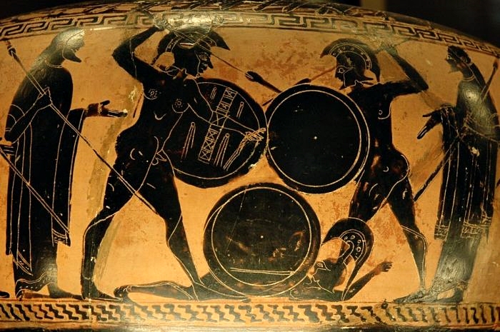 A scene from the Peloponnesian war on a Greek vase