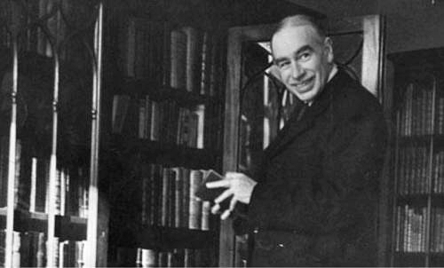 Keynes in front of his bookcase