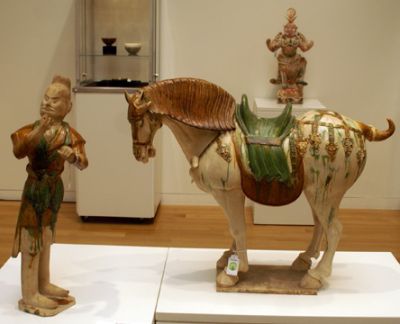 White horse and horse keeper with yellow hair - Glazed ceramics from Tang Dynasty - privately owned.