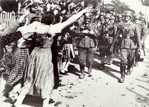 German women welcome German troops in the Sudetenland on October 1. 1938.