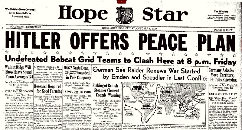 Headline in Hope Star Newspaper 6. October 1939