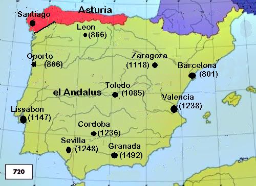 Politisk kort over den Iberiske halvø omkring 720