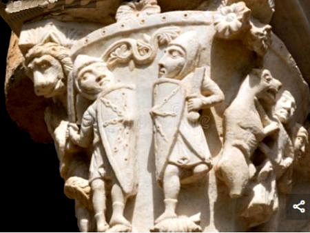 Norman infantry on column head of the Benedictine monastery of Monreale in Palermo