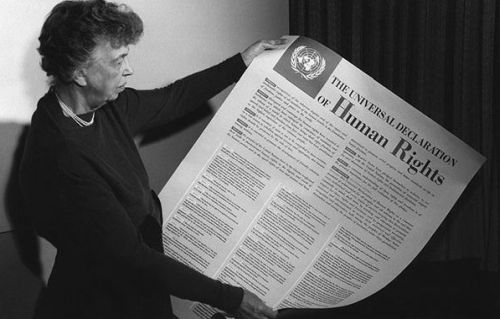 Eleanor Roosevelt shows UN's Universal Declaration of Human Rights from 1948