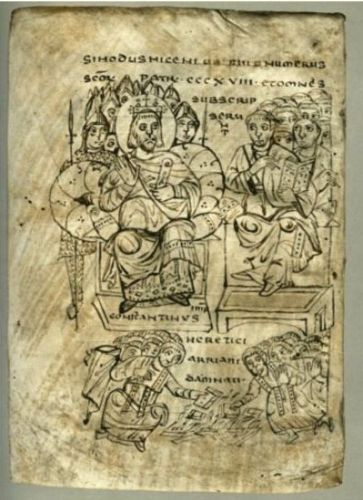 Kejser Konstantin I overvåger brænding af Arianske bøger