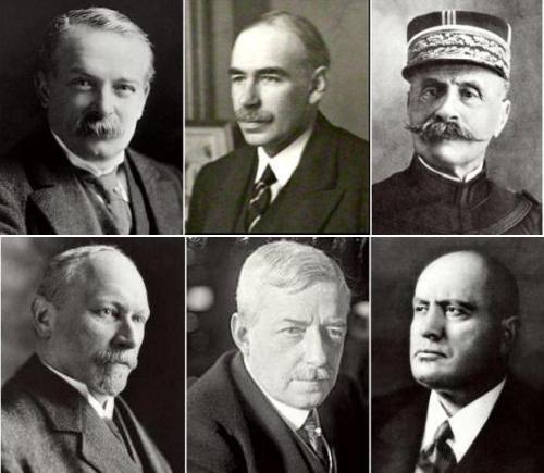 Lloyd George, Keynes, Foch, Smuts, Lansing og Mussolini
